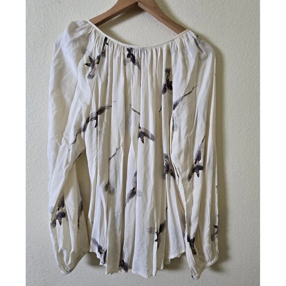 Karen Kane 1X Ivory Bird Print Peasant Blouse 3/4 Sleeve Flowy Boho Top - Picture 2 of 9